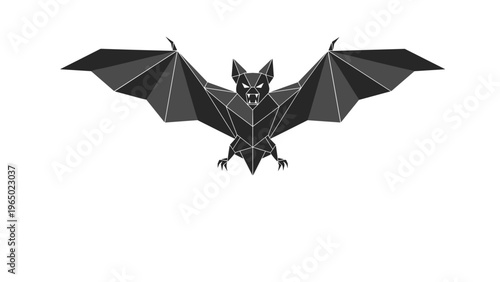 Symmetrical geometric bat illustration with wings fully extended is created in a dark grey and black low poly art style.