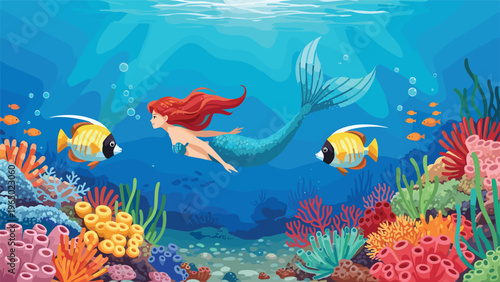 Graceful mermaid with flowing red hair swims through a colorful coral reef accompanied by small tropical fish and bubbles.