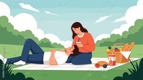 Happy couple enjoys a romantic picnic on a blanket in a lush green park with a basket full of fresh bread and fruit.