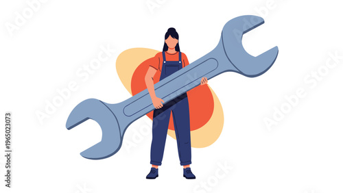 Confident female mechanic in blue overalls holds a giant grey wrench against an orange and yellow circular background.