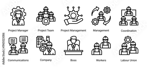 Construction team and management icon set featuring leadership,coordination,workforce,and communication.Ideal for organization and business management concepts.