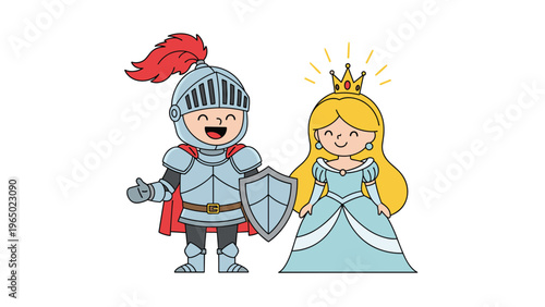 Brave knight in shiny silver armor with a shield stands beside a beautiful princess wearing a blue gown and gold crown.