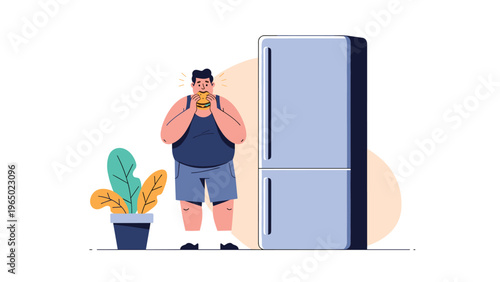 Hungry man wearing a blue tank top stands next to an open refrigerator while eating a delicious large hamburger.