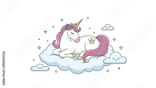 Magical white unicorn with a pink mane sleeping peacefully on a fluffy cloud surrounded by stars and small clouds.
