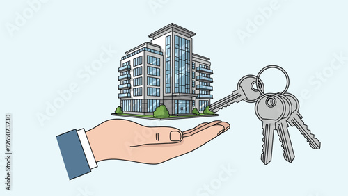 Human hand holding a modern glass building model with a set of house keys representing real estate ownership.