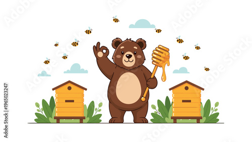 Friendly brown bear holding a honey dipper standing between two beehives with flying bees and clouds in nature.