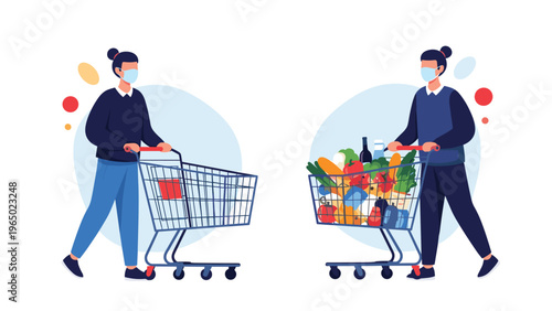 Two women wearing face masks pushing shopping carts at a grocery store representing safety measures during a pandemic.
