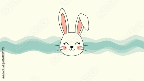 Adorable white bunny face with pink ears and closed eyes centered on a cream background with wavy blue lines.