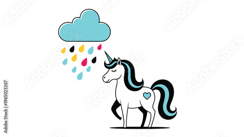 Elegant white unicorn standing under a blue cloud with colorful raindrops and a heart symbol on its side.