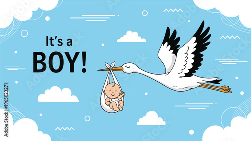 White stork flying through a blue sky with clouds carrying a baby boy in a bundle with an it is a boy text message.