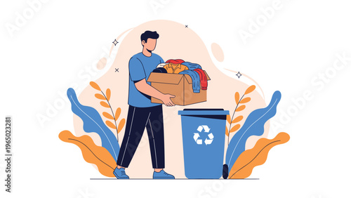 Young man putting a box full of old clothes into a blue recycling bin with plant leaves in the background.