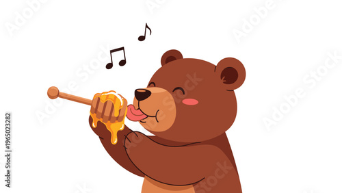 Cute brown bear happily licking honey from a wooden dipper with musical notes floating around its head.