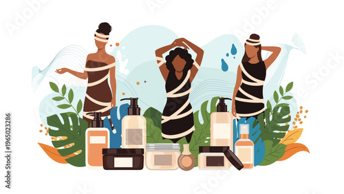 Group of diverse women in bandages posing with various beauty and skincare product bottles and tropical leaves.