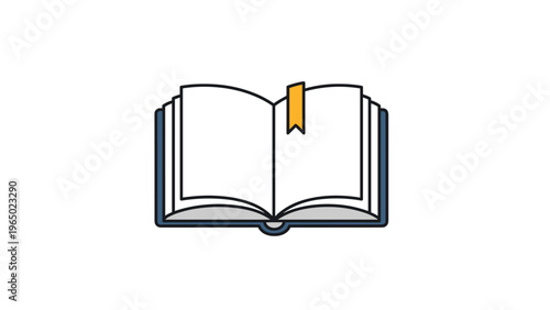 Simple illustration of an open hardcover book with a yellow bookmark in the middle on a white background.