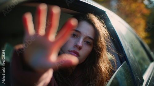 Woman stopping invasion of privacy with hand gesture