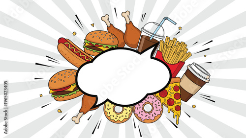 Dynamic pop art explosion of fast food items like burgers, pizza, fries, donuts, and drinks surrounding a blank text bubble.