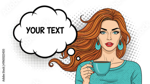 Beautiful woman with long wavy hair holding a blue cup of coffee in a retro pop art style with a thought bubble for text.