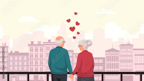 Loving elderly couple standing together and holding hands while looking at a city skyline under a soft pink sunset with hearts.