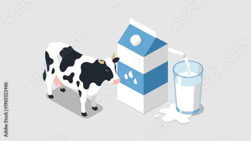 Educational isometric scene showing a black and white cow next to a blue milk carton and a glass overflowing with milk.