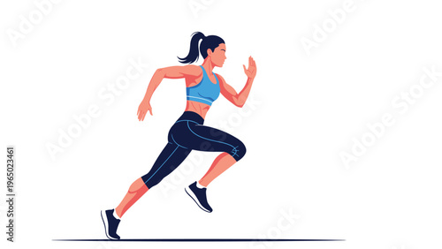 Side profile of a powerful athletic woman in a blue sports bra and black leggings sprinting fast during a workout session.