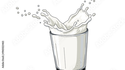 Dynamic and refreshing splash of white milk exploding out of a clear glass with many small droplets flying in the air.
