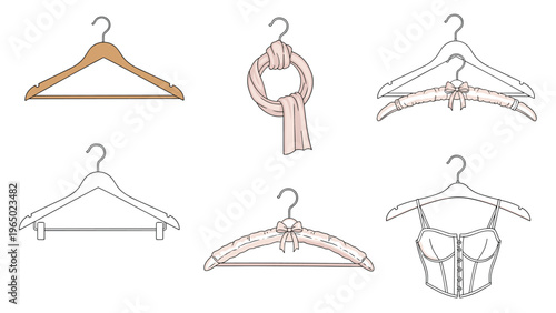 Collection of different types of clothing hangers such as wooden, fabric padded with bows, and those holding garments.