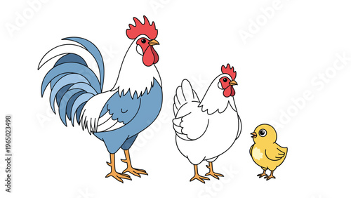 Family of farm birds including a colorful rooster, a white hen, and a small yellow chick standing together on a white background.