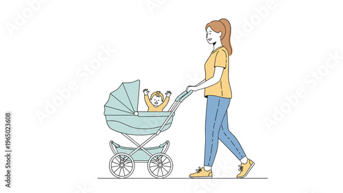 Young mother in casual clothes pushes her happy baby in a light blue stroller during a daytime walk on a white background.