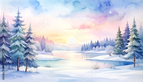 Watercolor Winter Landscape with Snowy Pine Forest and Frozen Lake under a Soft Pastel Sunrise Sky