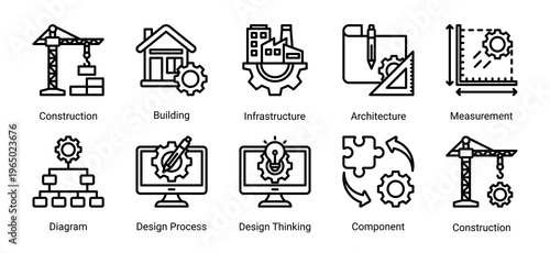 Construction and engineering icon set featuring building,infrastructure,architecture,and design process.Ideal for engineering and development projects.