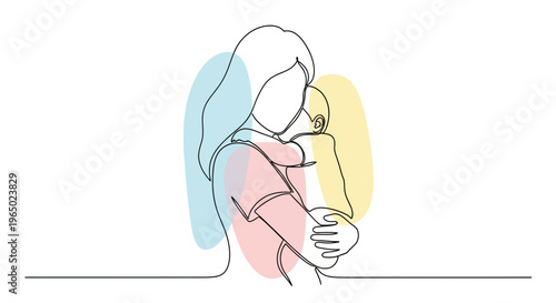 Mother tenderly holds and kisses her baby in a colorful illustration