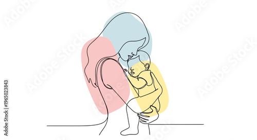 Mother tenderly hugs her child in a warm colorful embrace at home indoors.
