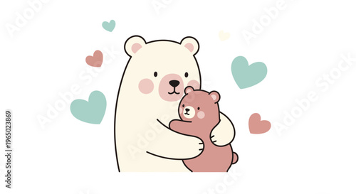 A large white bear tenderly hugs a small brown bear surrounded by floating hearts.