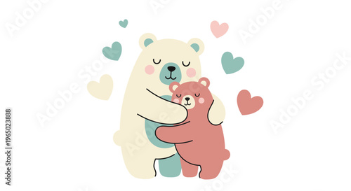 A cute illustration of a polar bear hugging a brown bear surrounded by hearts.