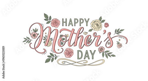A colorful Happy Mother's Day greeting card with floral designs and elegant typography on a white background for a special occasion or holiday celebration with flowers and leaves.