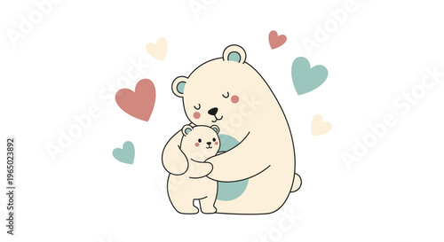 A cute illustration of a big polar bear hugging a small polar bear surrounded by colorful hearts.