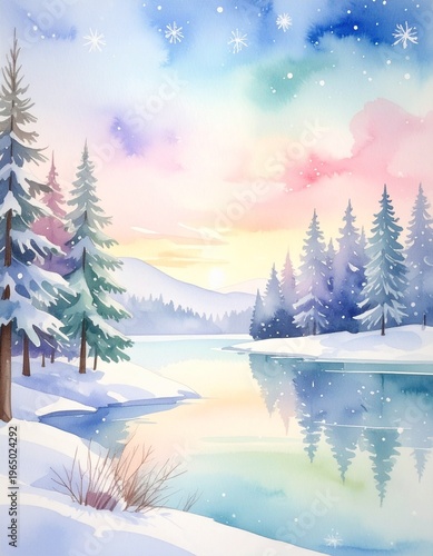 Winter wonderland watercolor landscape with snowy pine trees, frozen lake, pastel sky, and gentle snowfall background