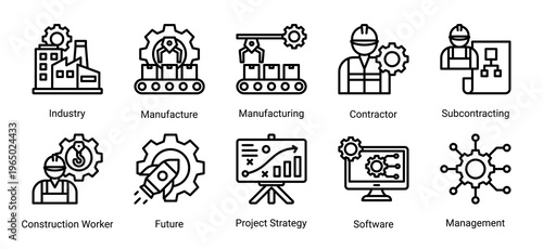 Construction industrial and execution icon set featuring manufacturing,contractor,workforce,and development strategy.Ideal for industrial and project execution concepts.