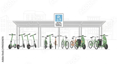 A row of green e-scooters and bicycles parked under a covered rack with a sign in a modern urban setting