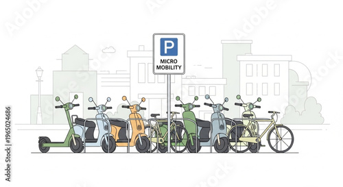 An illustration of various electric scooters and bicycles parked near a 'Micro Mobility' parking sign in an urban setting with a clean and modern aesthetic