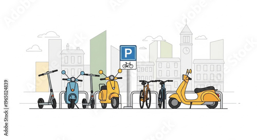 Illustration of various vehicles and a bicycle parked in a city setting with a parking sign