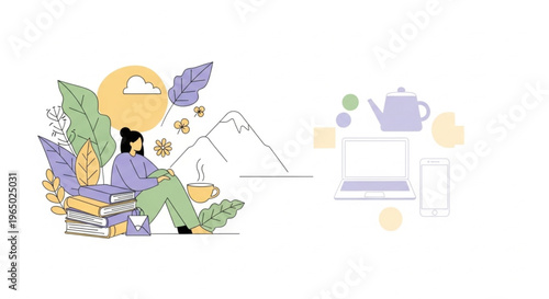 Illustration of a relaxed woman sitting on books with a cup of tea surrounded by plants and objects in a whimsical setting