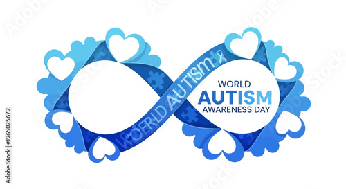 Vector illustration of a blue and white infinity symbol with hearts for World Autism Awareness Day and Autism Acceptance concept