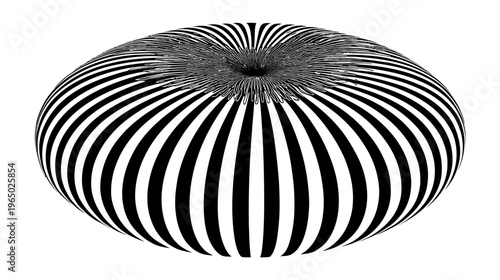 A spherical abstract piece featuring bold, black and white striped exterior pattern