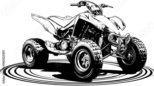 Black and white illustration of an all-terrain vehicle (ATV) with large tires, detailed engine, and bars