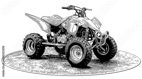 Artistic monochrome illustration of an all-terrain vehicle, showcasing intricate details