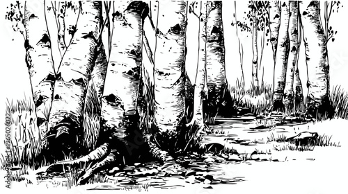 A stark black and white illustration of birch trees and foliage in a forested area