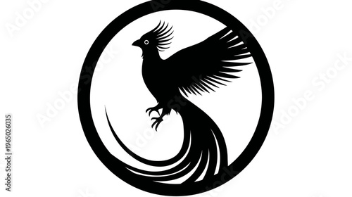 A silhouette of a mythological bird with flowing tail feathers, encircled. Black and white