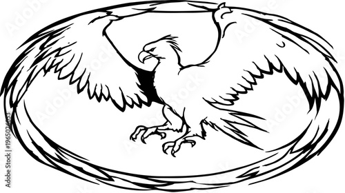 A regal bird, stylized in black ink, wings outstretched, contained within an oval frame