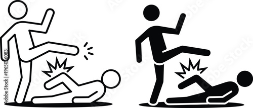 Violence and assault icon set, stick figure kicking person vector illustration, crime scene concept, aggression symbol, warning sign, black and outline style